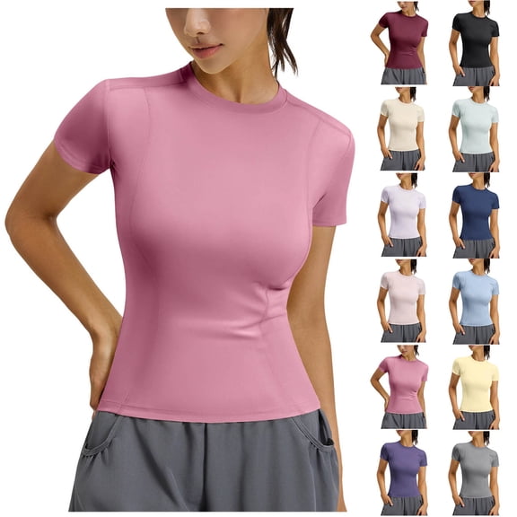 FRSASU Women's Workout Tops Short Sleeve Raglan Athletic Compression Yoga Gym Crewneck Quick Dry T-shirts Wine-A