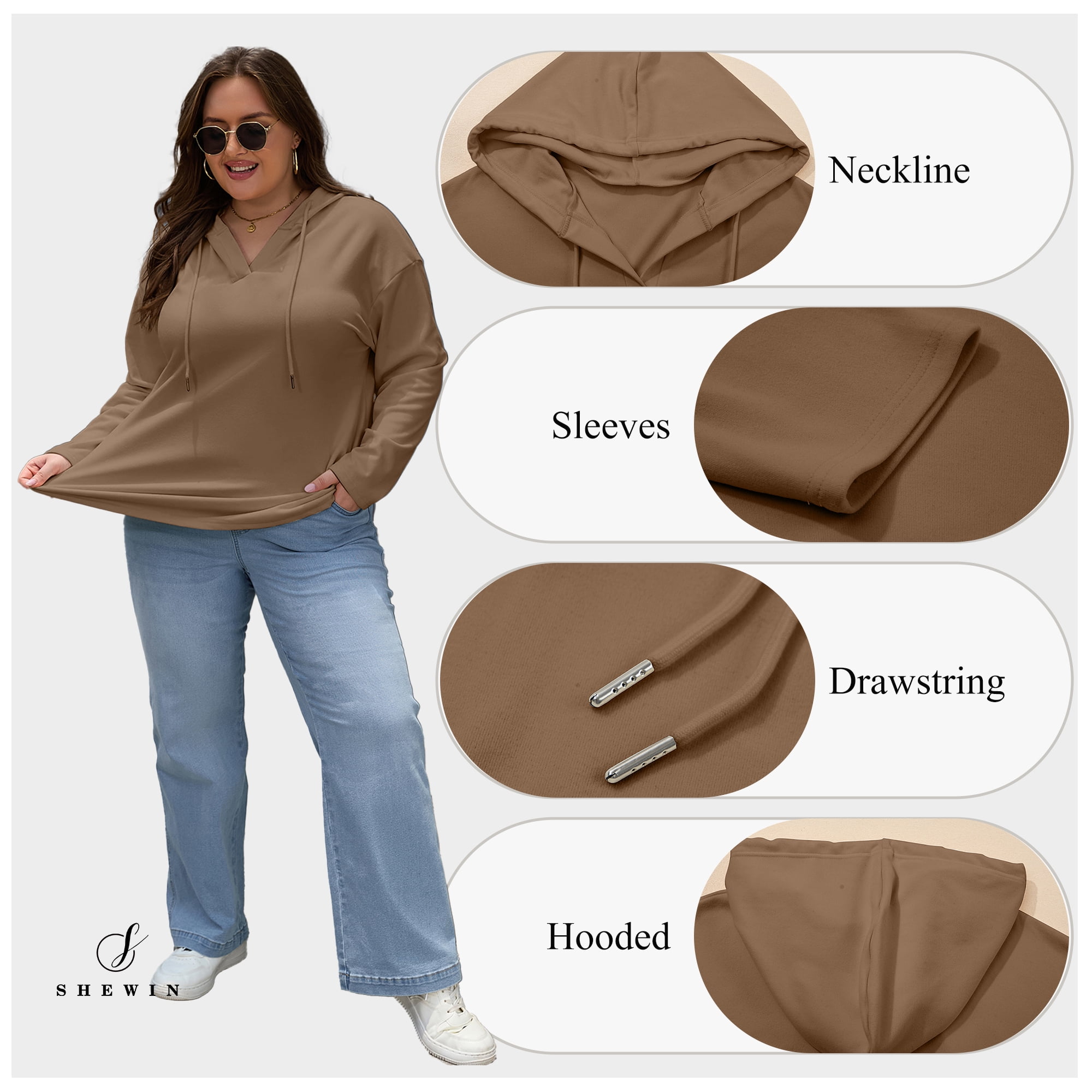 SHEWIN Sweatshirt for Women Plus Size Hooded Sweatshirts Fleece Sweatshirt V Neck Drawstring Long Sleeve Hoodie Pullover Tops for Fall 2025 Brown 2X