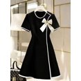 thumbnail image 6 of Black And White Contrast Trim Bow Detail Elegant Short Sleeve Fit & Flare Mini Dress, 6 of 6