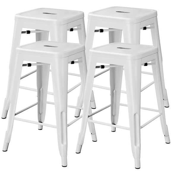Alden Design 24″ Counter-Height Metal Backless Stackable Bar Stools with Protective Foot Pads, Set of 4, White
