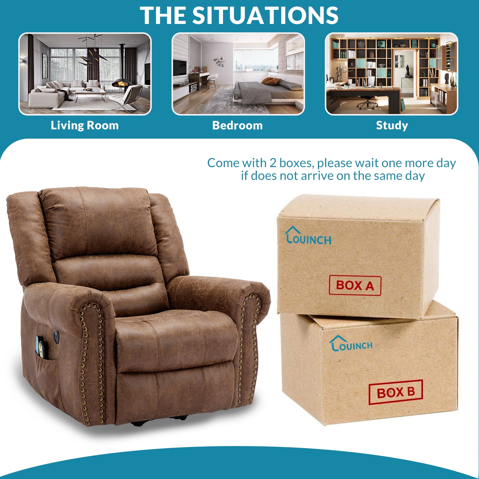 OUINCH Electric Power Lift Recliner Chair with Massage and Heat for Elderly, 2 Remote Controls, 2 Side Pockets, and USB Ports (Brown)