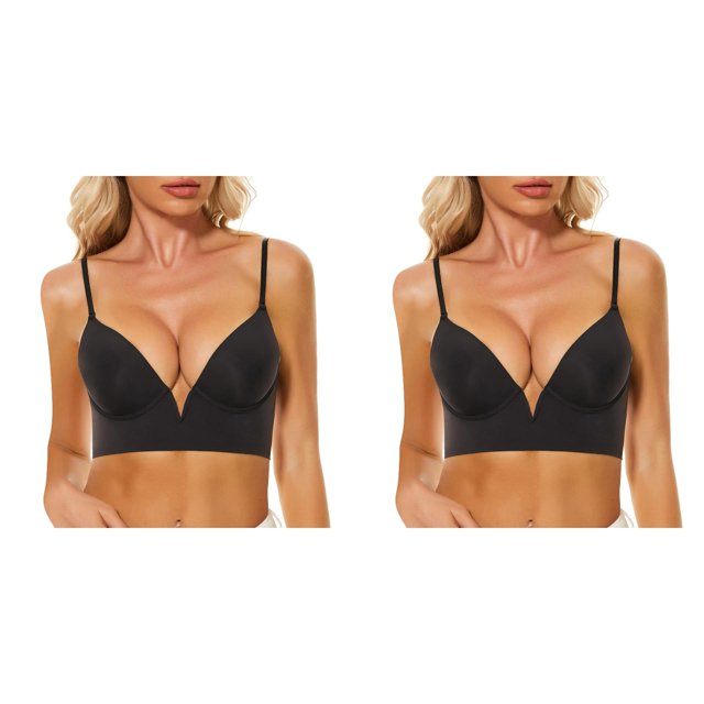 (2-Pack) Rinsvye French Deep V Low Women Bra Set and Underwear Plus Size Cut Large Open Back U Shaped Beautiful Back Seamless Underwear Small Chest Gathered Anti Sagging Sexy Bra without Steel Ring