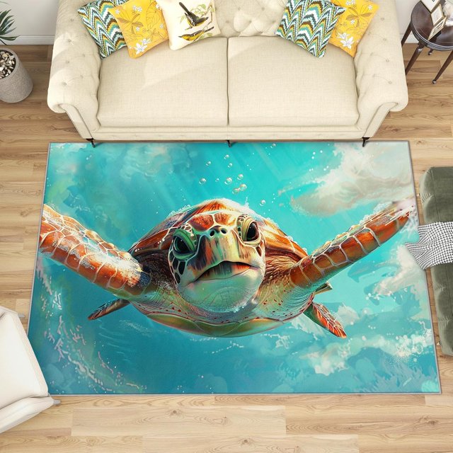 3x4 Rug, Sea Turtle Door Mat, 3D Funny Sea Animal Rug, Underwater Ocean Rugs for Entryway, Washable & Non Slip & Soft Low Pile Small Carpet, Indoor Doormat, Sea Turtle Home Decor & Gifts