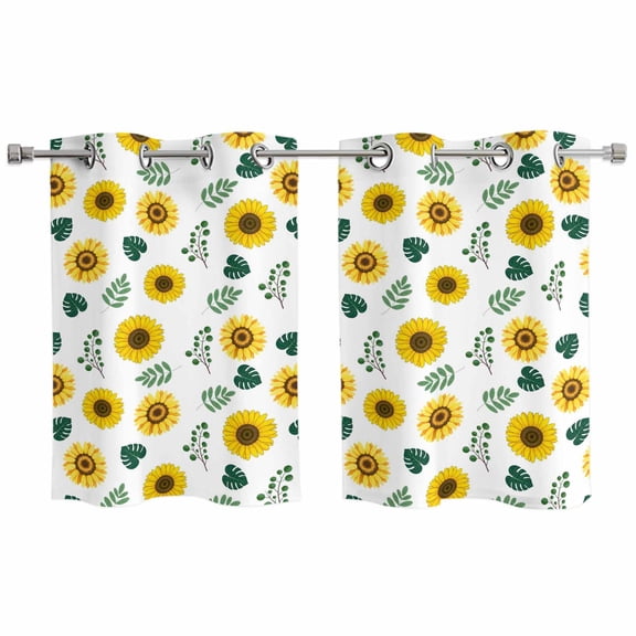 Spring Sunflowers Kitchen Curtains Window Panels, Green Leaves Yellow Floral Rustic Botanical Insulated Window Treatment Curtain, Grommet Curtains for Bedroom/Living Room, 2 Piece 27.5"Wx39"L