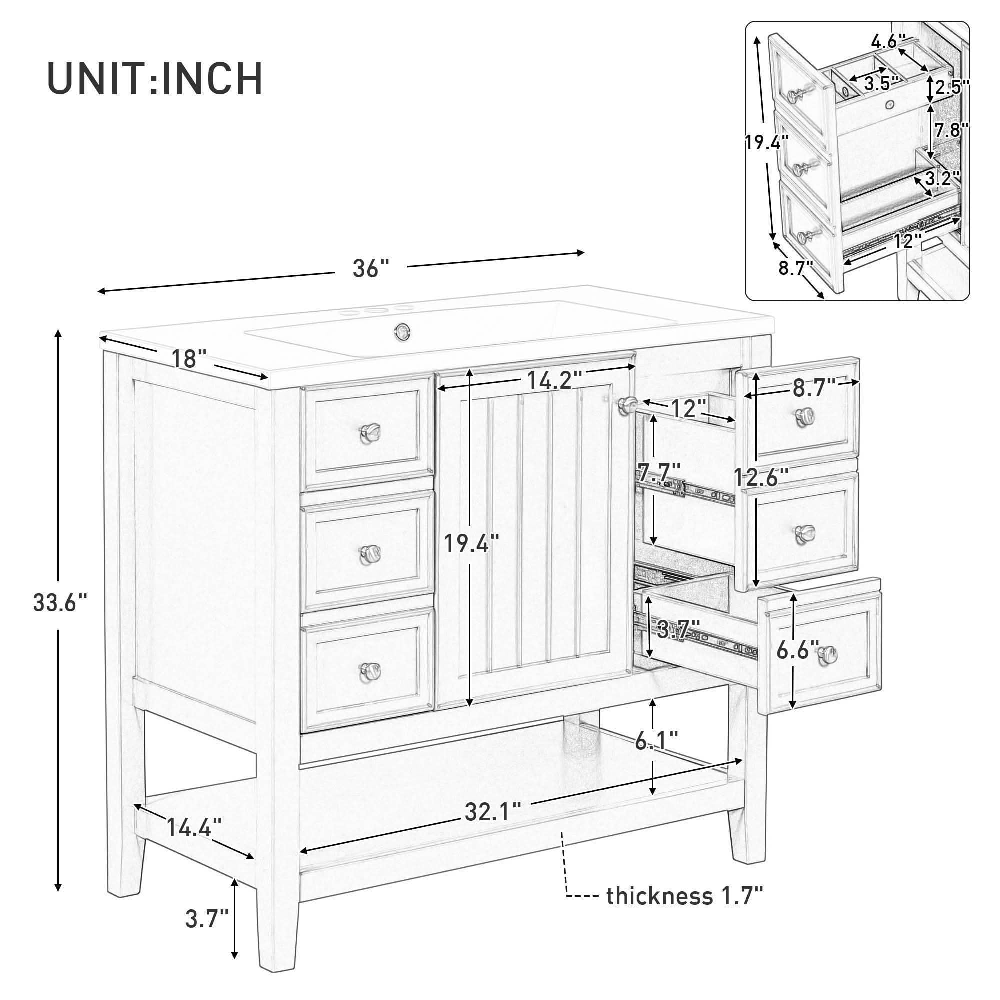 MAYEERTY 36" Bathroom Vanity with Sink 1 Cabinet 3 Drawers Solid Wood MDF Green