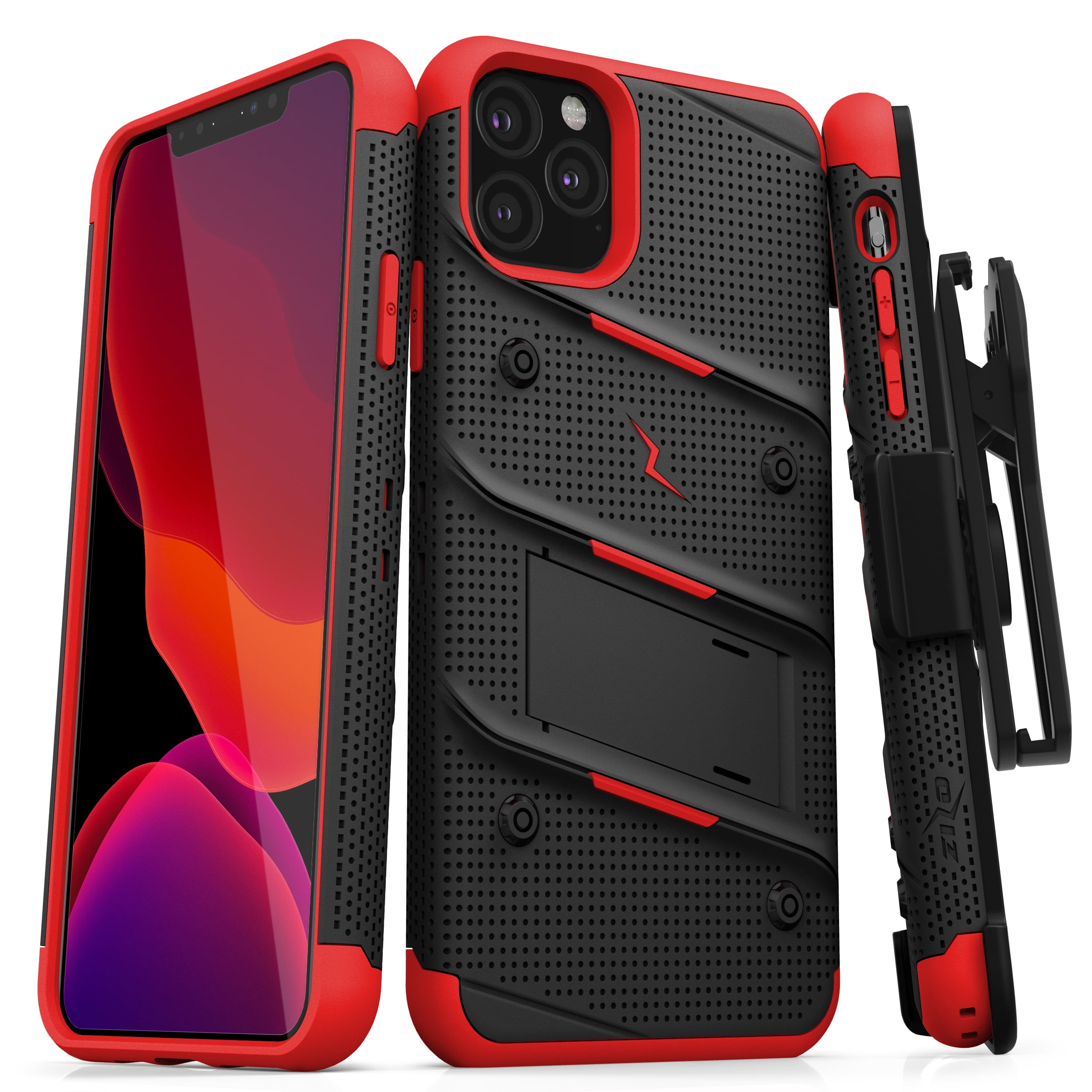 ZIZO BOLT Series iPhone 11 Pro Case - Heavy-duty Military-grade Drop Protection w/ Kickstand Included Belt Clip Holster Tempered Glass Lanyard - Black / Red
