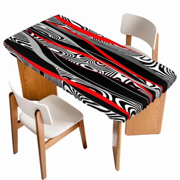 Red Black Stripes Table Cloths for 4 Foot Rectangle Tables, Modern Gradient Abstract Lines Art Patio Waterproof Elastic Fitted Tablecloths, Washable Rectangular Table Cover for Camping