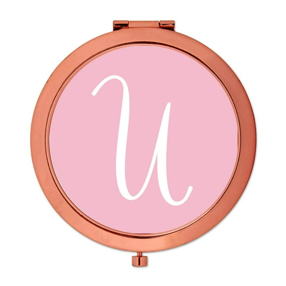 Koyal Wholesale Rose Gold Compact Mirror Bridesmaid's Wedding Gift, Blush Pink, Monogram Letter U, 1-Pack