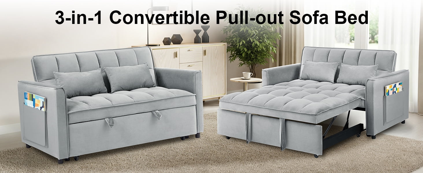 Howcool 55" 3-in-1 Convertible Sleeper Sofa Bed, Pull Out Loveseat, Velvet Adjustable Backrest Couch with Storage Pocket, Small Space Apartment Sofa for Living Room Bedroom，Light grey