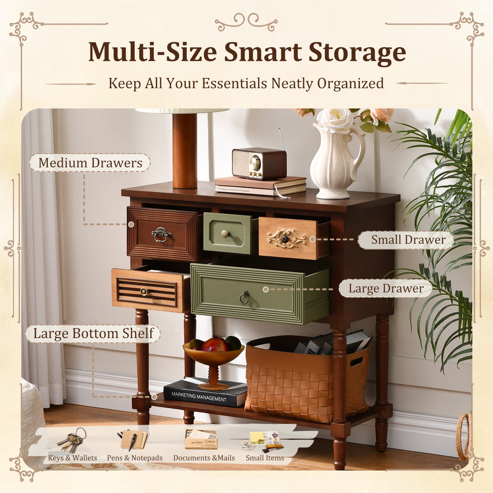Ahokua Vintage Console Table with Multi-Design Drawers, Open Shelf, Decorative Storage for Entryway and Living Room