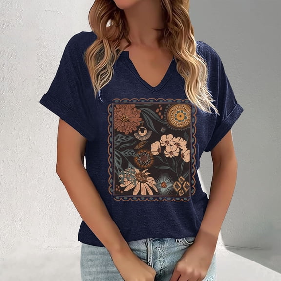 MAIHAN Cotton V Neck T Shirts Women Casual Summer Funny Printed Graphic Loose Tees Summer T Shirt Loose Fit Shirts Spring Fashion