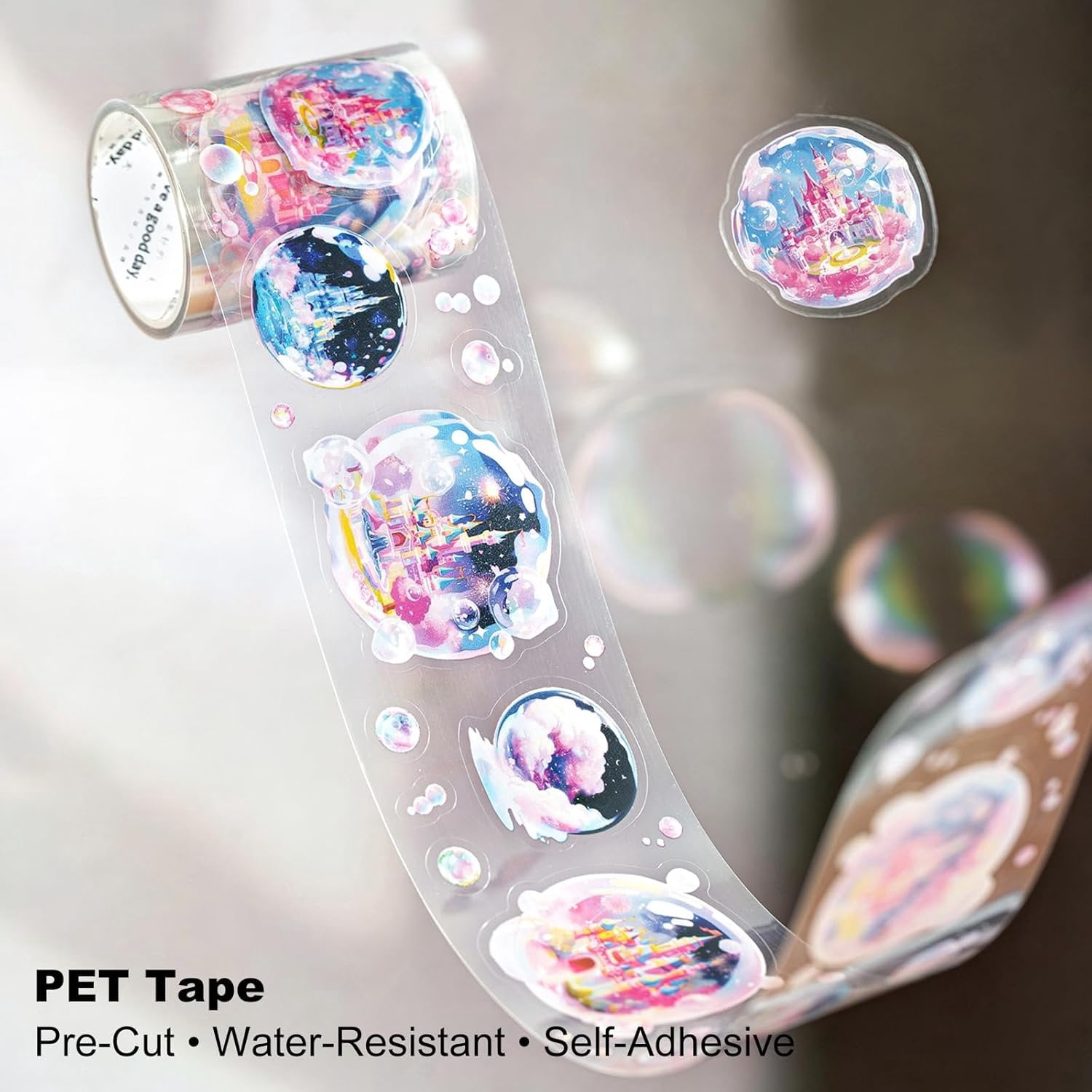 4 Rolls Bubble World PET Sticker Tape Set, Pre-Cut Bubble Scene Designs - Each Roll 1.97in x 78.74in for Scrapbook Journal Planner, DIY Crafts, Cards,  Wrap