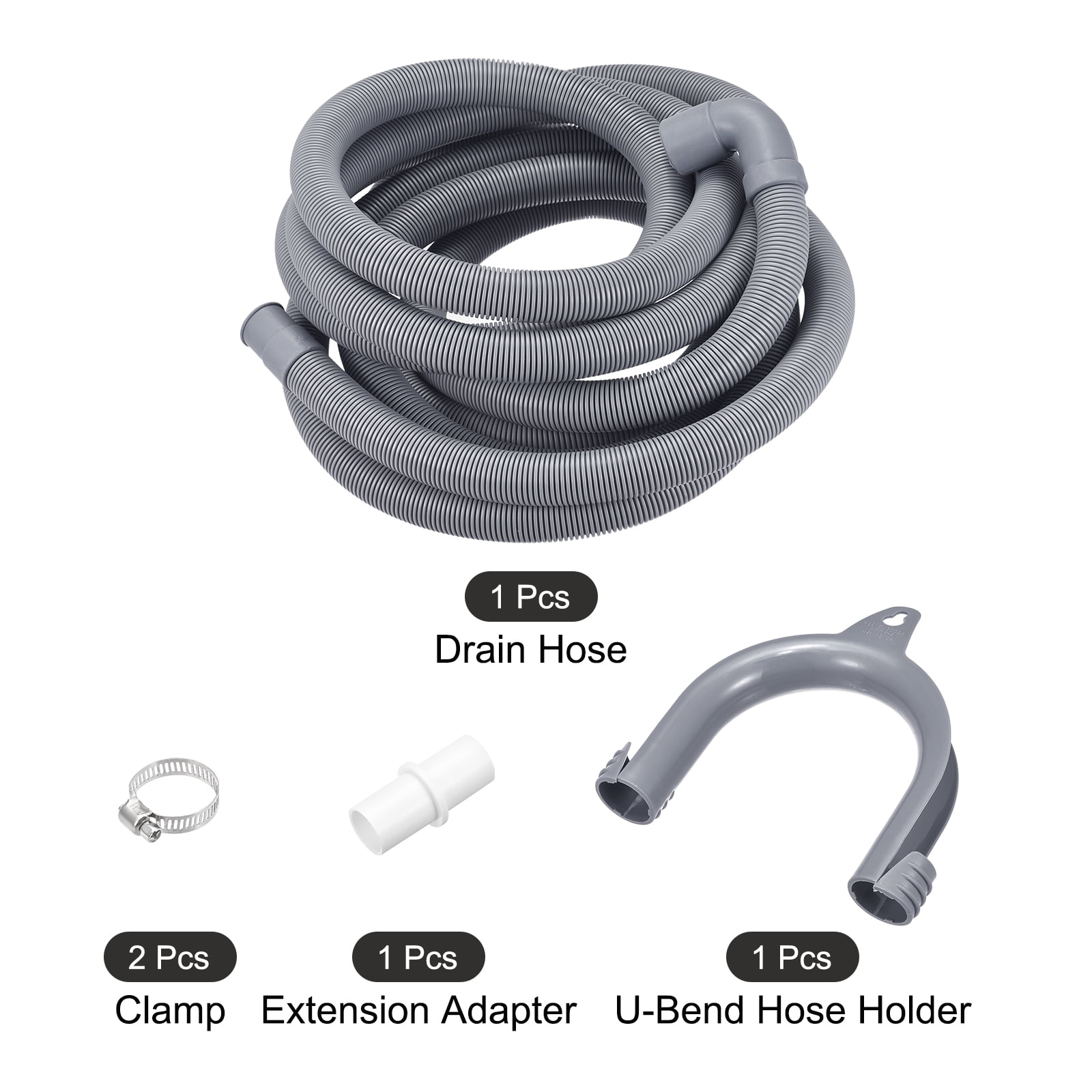 Uxcell Wash Machine Drain Hose Extension Kits 16.4ft Gray with Elbow and Extension Adapter,  U-Bend Hose Holder, Clamps