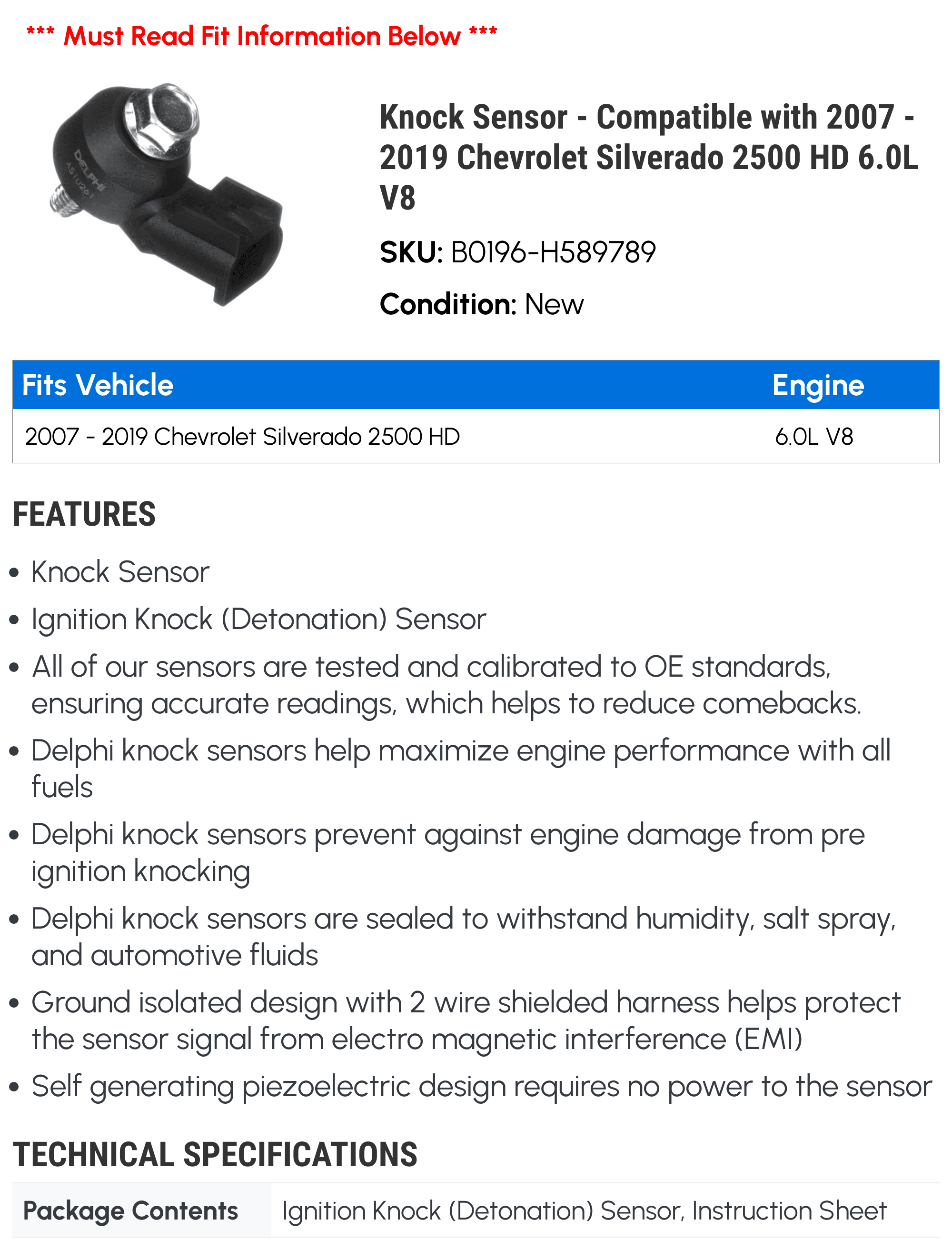 Knock Sensor - Compatible with 2007 - 2019 Chevy Silverado 2500 HD 6.0L V8 2008 2009 2010 2011 2012 2013 2014 2015 2016 2017 2018