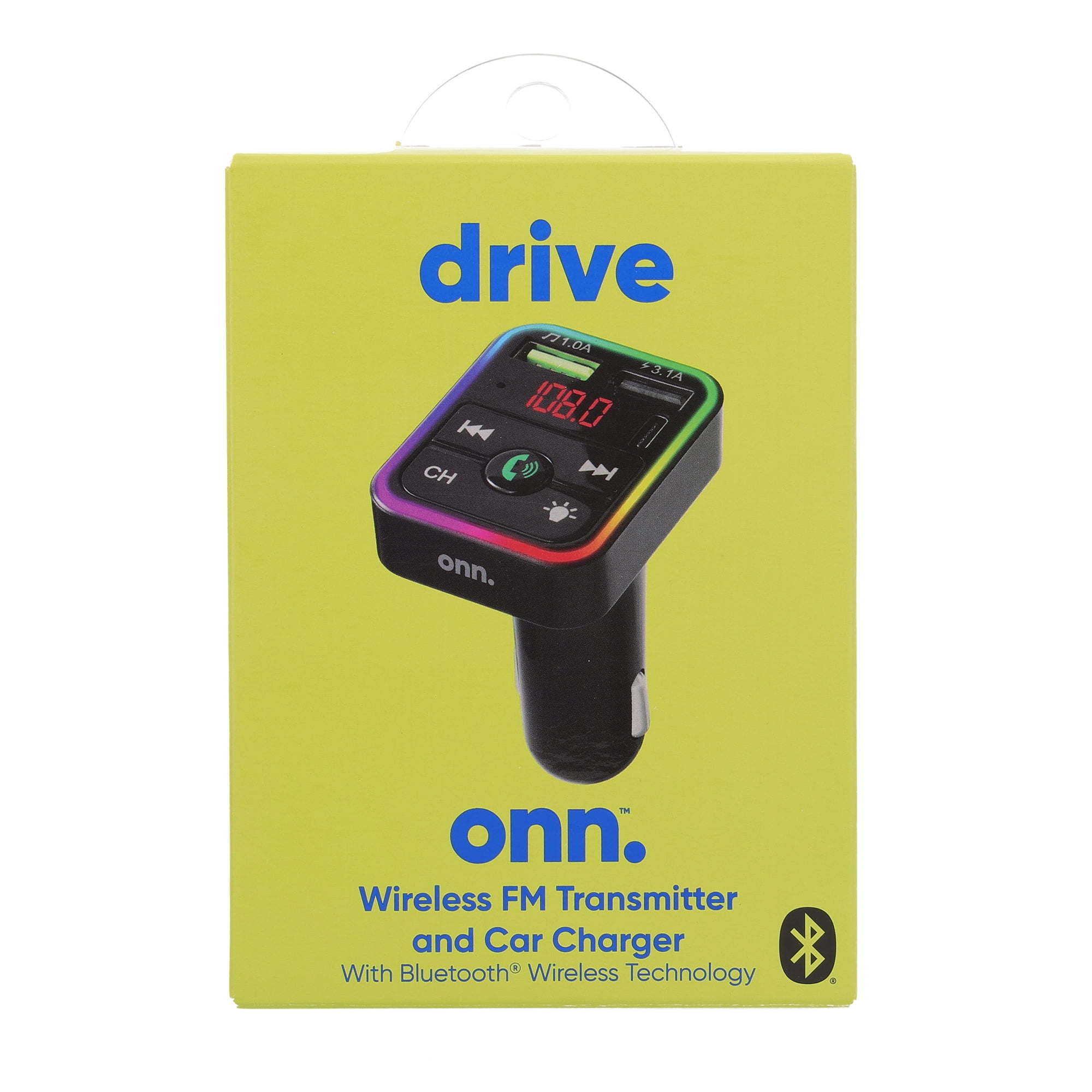 onn. Wireless FM Transmitter & Car Charger with Bluetooth Compatible via  Smartphone