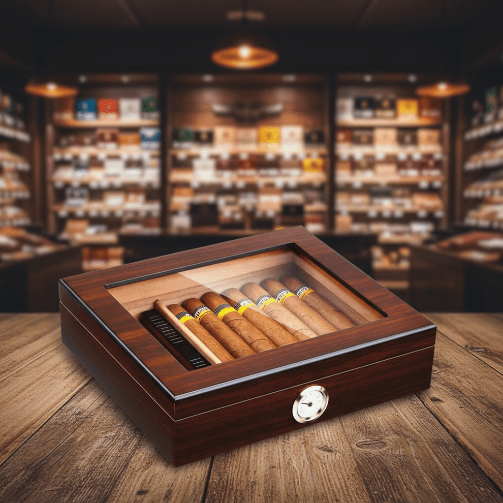 Cigar Box, Natural Hardwood, 10.2x8.7 inches, with Hygrometer and Humidor