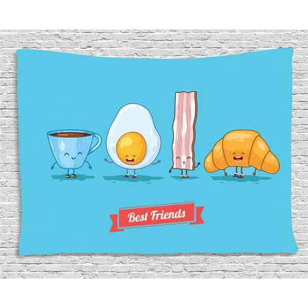 Bacon Tapestry, Comic Figures of Breakfast Menu as Cup of Coffee Egg Bacon Croissant Best Friends, Wall Hanging for Bedroom Living Room Dorm Decor, 80W X 60L Inches, Multicolor, by