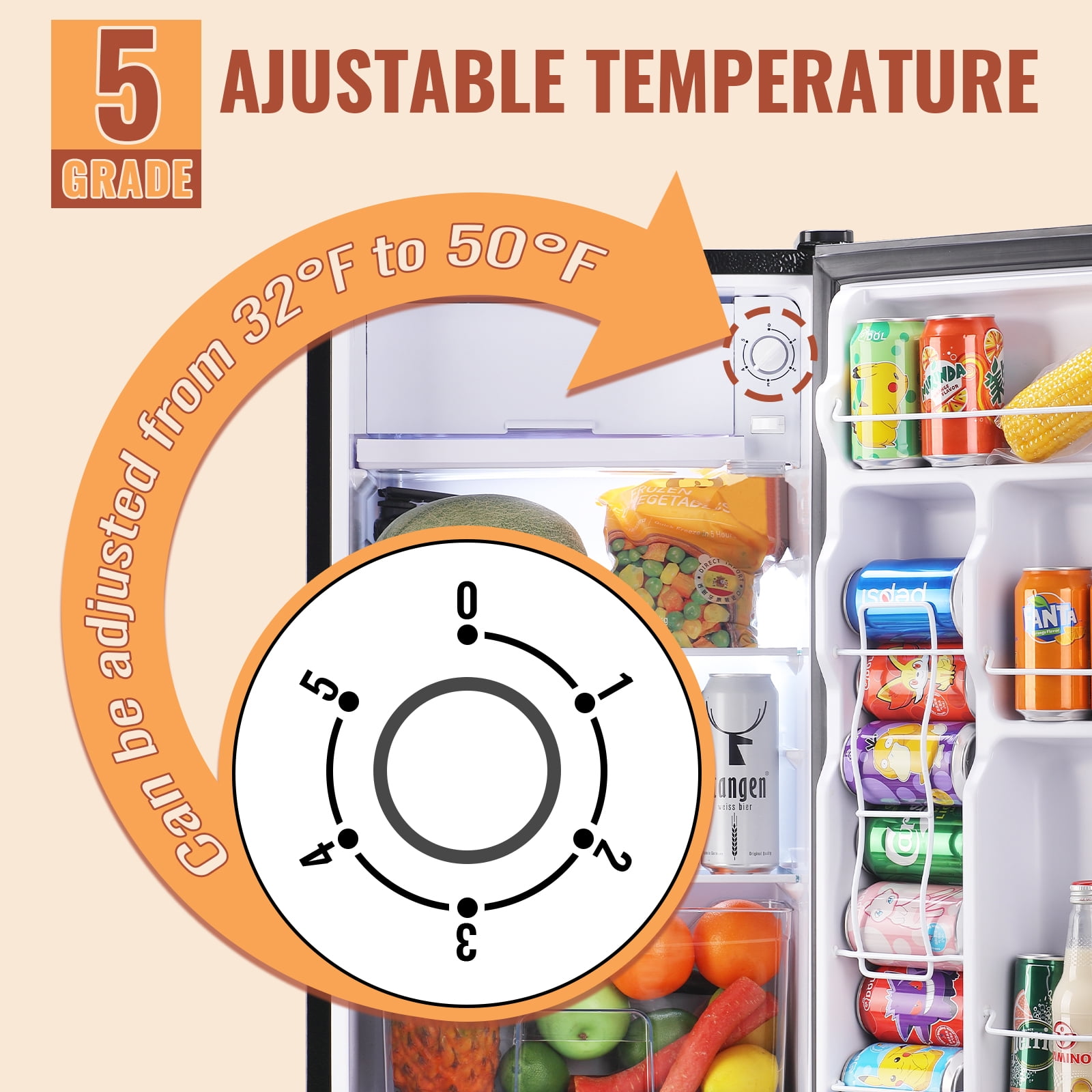 DEMULLER 3.2 Cu.ft Mini Fridge with Freezer Single DoorFridge Adjustable Temperature New Black