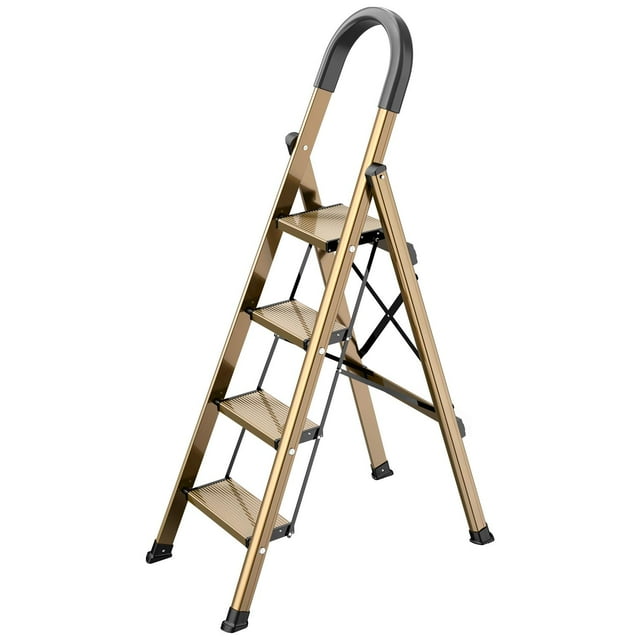 Lightweight Aluminum 4 Step Ladder Folding Step Stool Stepladders with Anti-Slip and Wide Pedal for Home and Kitchen Use Space Saving (Brown Gold)…