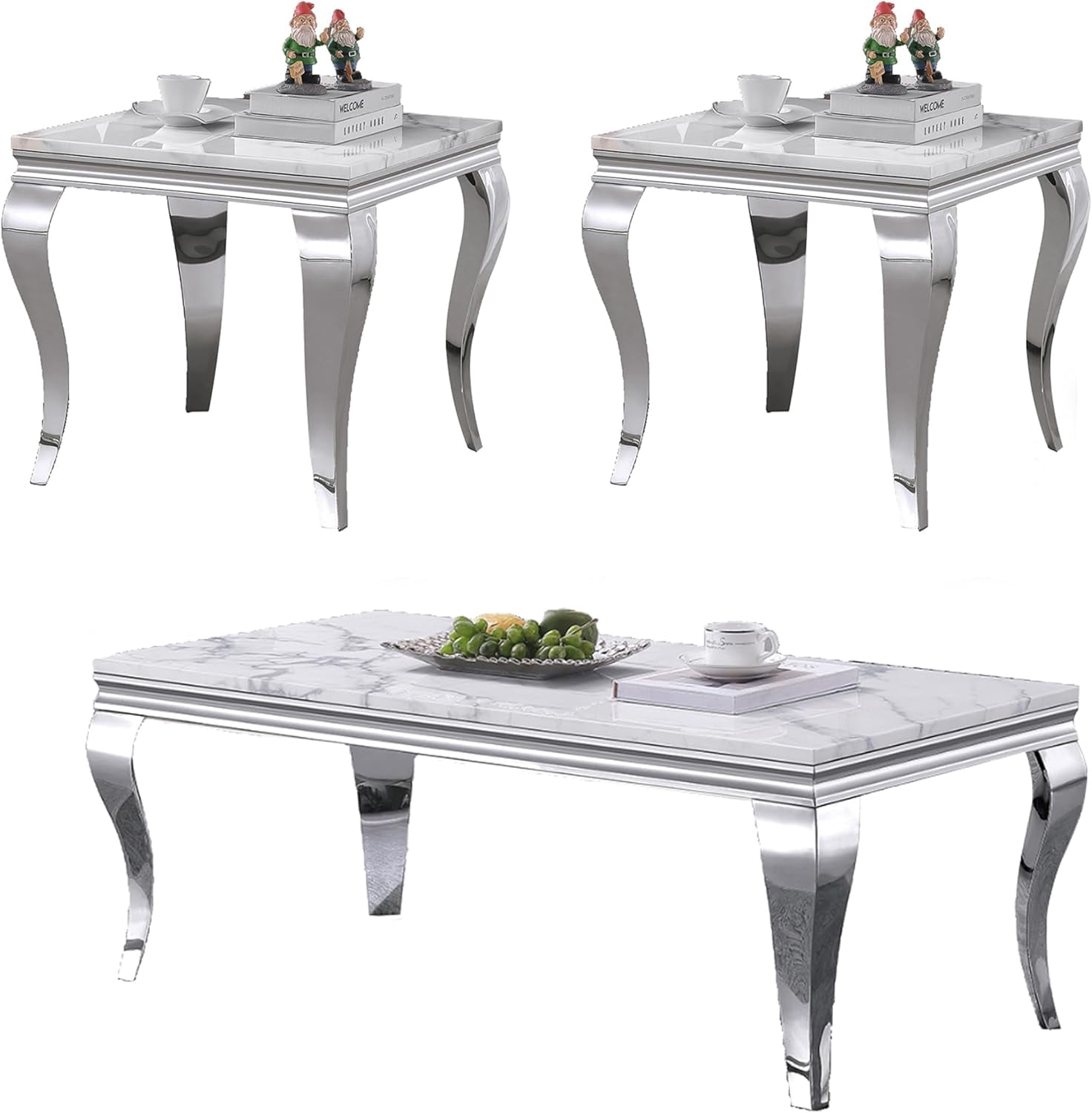 HAOYUN Modern 3 Piece Living Room Table Set, includes 1 Coffee Table & 2 End Tables, Luxury Faux Marble Coffee End Table Set with S-Shape Stainless Steel Legs (White Marble& Silver3)