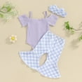 thumbnail image 4 of Odeerbi 3M-2Y Toddler Girls Summer Outfits Layette Set Bow Rib Knit Bodysuit Plaid Flared Pants with Headband Three-piece Set Jumpsuit Printed Trousers Set Toddler Girls Clothes, 4 of 5