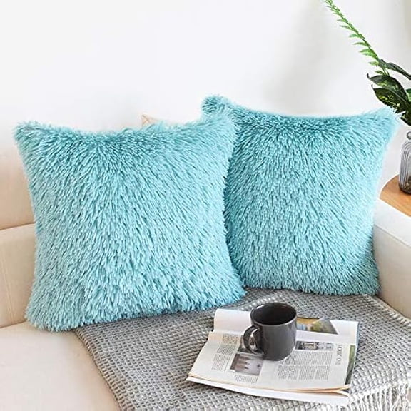 Eryueer Pack of 2 Faux Fur Cushion Covers 50 x 50 cm Teal Luxury Fluffy Decorative Fuzzy Square Throw Pillow Case 20 x 20 for Sofa Decor