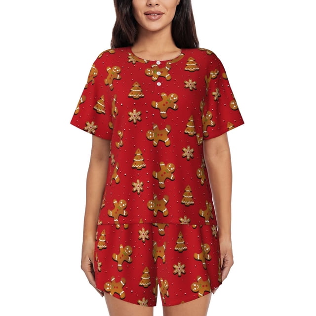 Xecao Gingerbread Man Pattern Women's Short Sleeve Pajama Set Soft Sleepwear Lounge Set with Button Front Top and Drawstring Shorts with Pockets-Medium