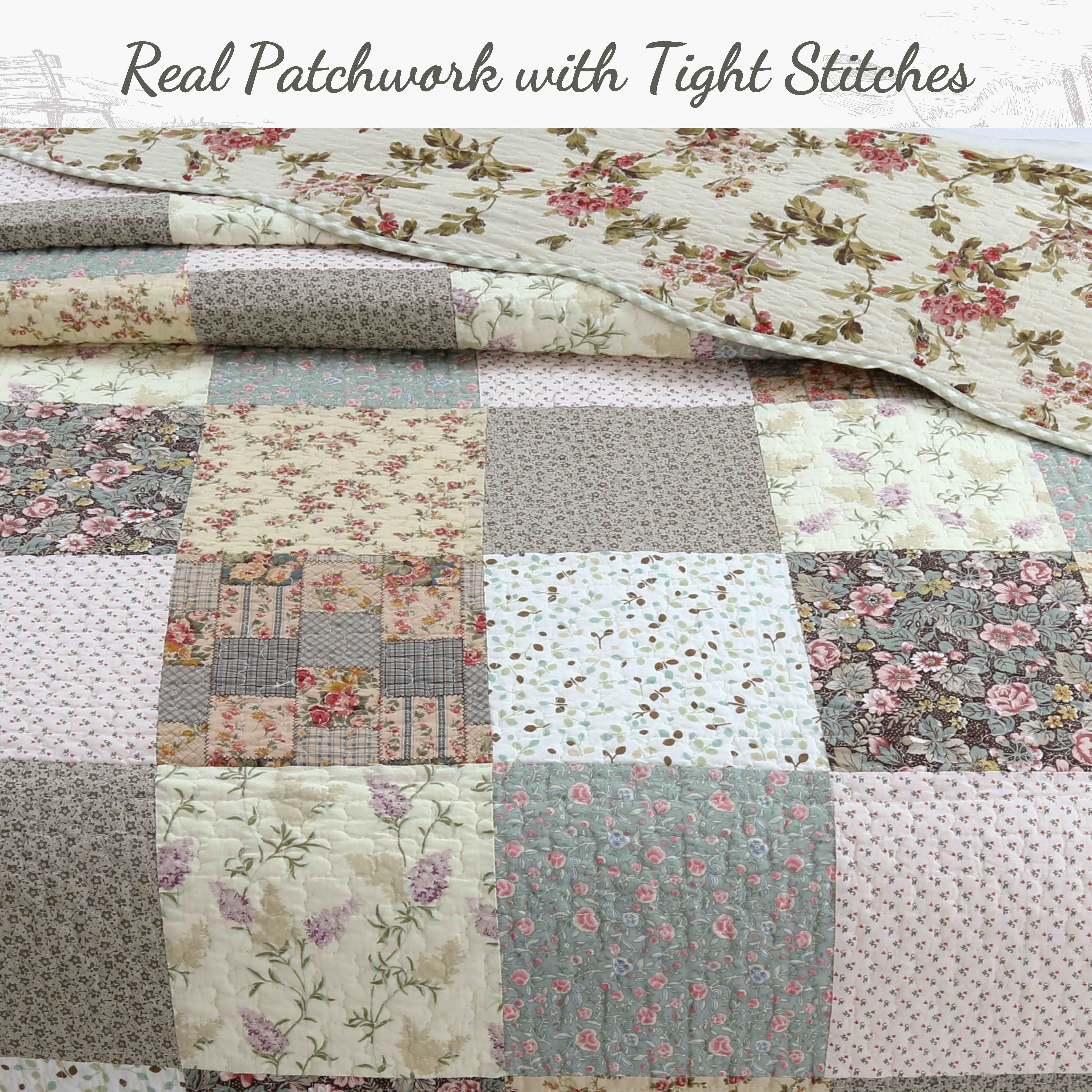 Country Floral Chic Scalloped Patchwork Cotton 3-Piece Quilt Bedding Set