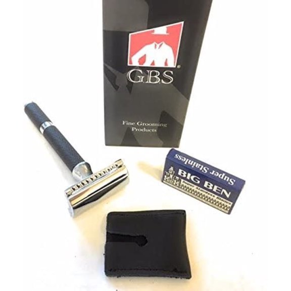 GBS Matte Black DE Razor with Leather Head Protective Case & 10 Pk of Blades