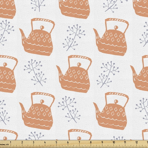 Abstract Fabric by the Yard, Wavy Patterns and Rhombus Shapes on Hand Drawn Teapots Images Along Flowers Motif, Decorative Upholstery Fabric for Chairs & Home Accents, Multicolor by Ambesonne