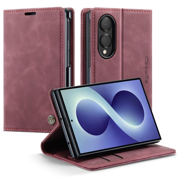ELEHOLD Leather Wallet Case for Samsung Galaxy Z Fold8 with Card Slots Money Pocket Kickstand Magnetic Closure Shockproof Anti-Scratch Purse Full Body Cover,Winered