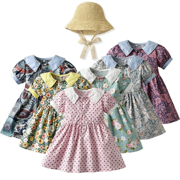 LYMAYTER 2 PCS Kids Toddler Girls Sweet Dresses( With Sun Hat ) Newborn Vintage Floral Bubble Sleeve Princess Dress Sundress for 3 M - 4 T