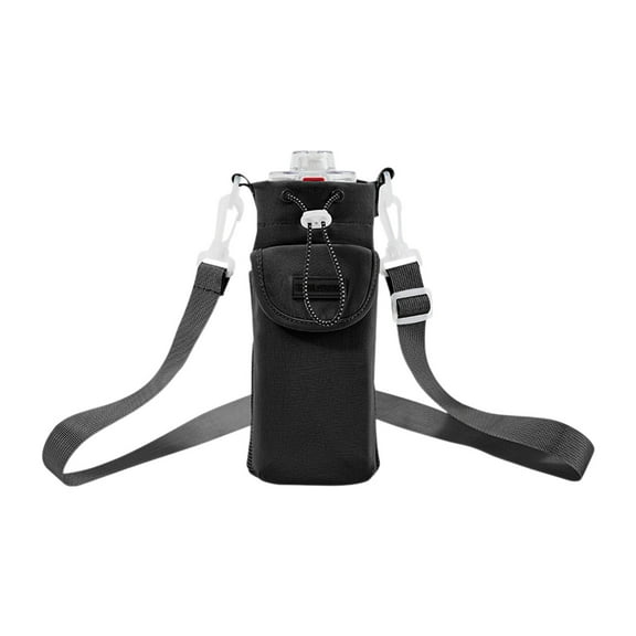 Black Nylon Water Bottle Carrier Crossbody Sling Bag Insulated Cup Holder Adjustable Strap Phone Pocket Key Clip For Travel Hiking Outdoor 8.27X3.94X3.94Inch