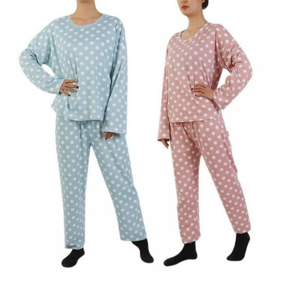 Women’s Cotton Flannel Long Sleeve Pajamas PJ Set Cute Polka Dot Print Long Sleeve Pyjamas Set Top Trousers Pajamas