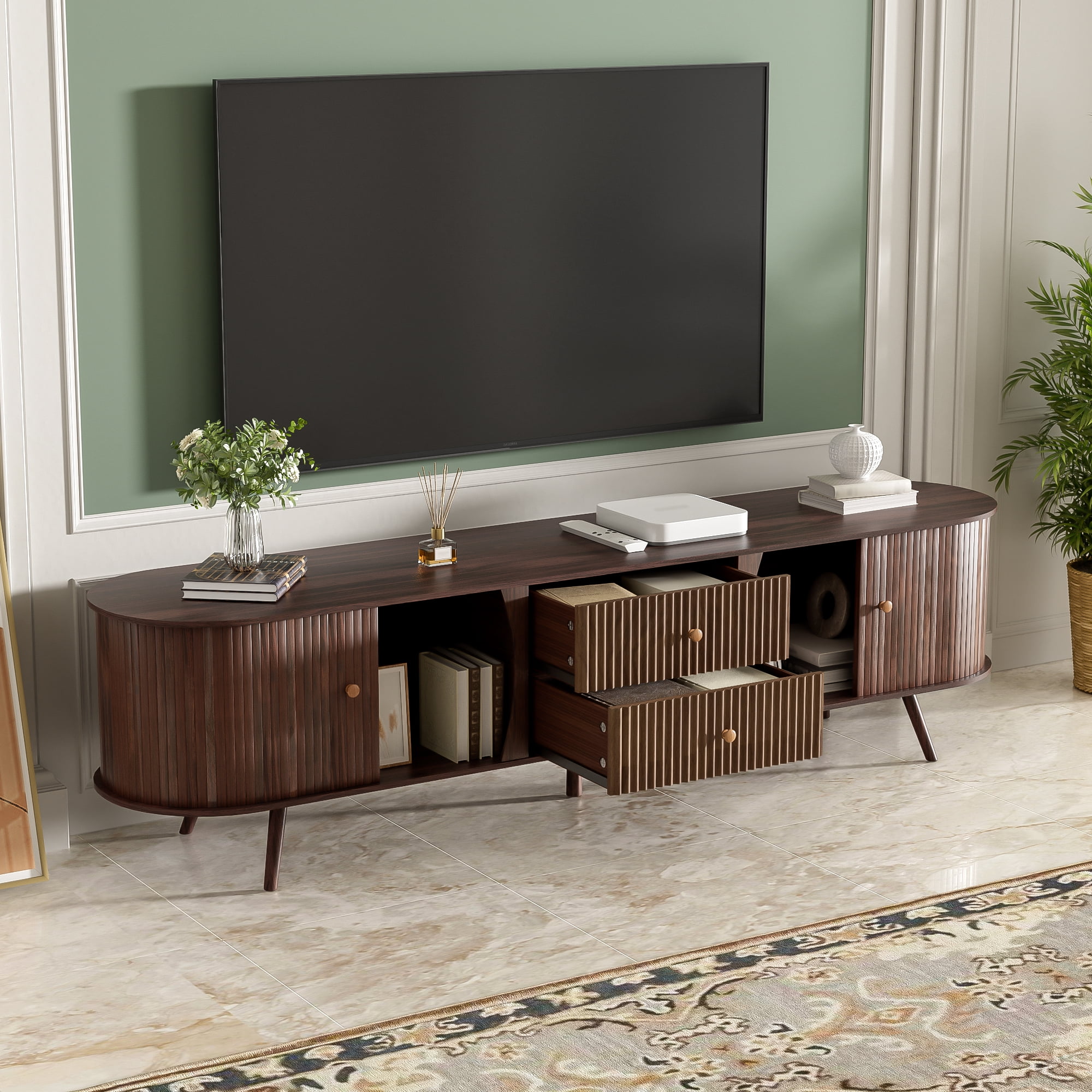 Mintazer 70" Mid Century Modern TV Stand for 80" TVs, Entertainment Center with 2 Fluted Drawers & 2 Cabinets, TV Consoles with Tambour Doors for Living Room, Dark Brown