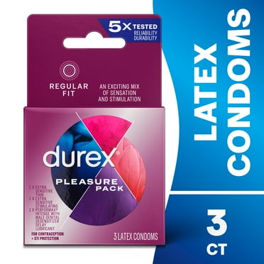 Durex Pleasure Pack, Assorted Lubricated Premium Condoms, 3 Count