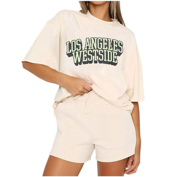 Fsshion 2 Piece of Outfits for Womens Plus Size Casual Print Round Neck Short Sleeve Short Pants Pocket Set