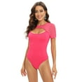 thumbnail image 2 of Xmarks Women's Sexy Mesh Short Sleeve Sheer Bodysuit Jumpsuit Tops Rose Red US 6-14, 2 of 8