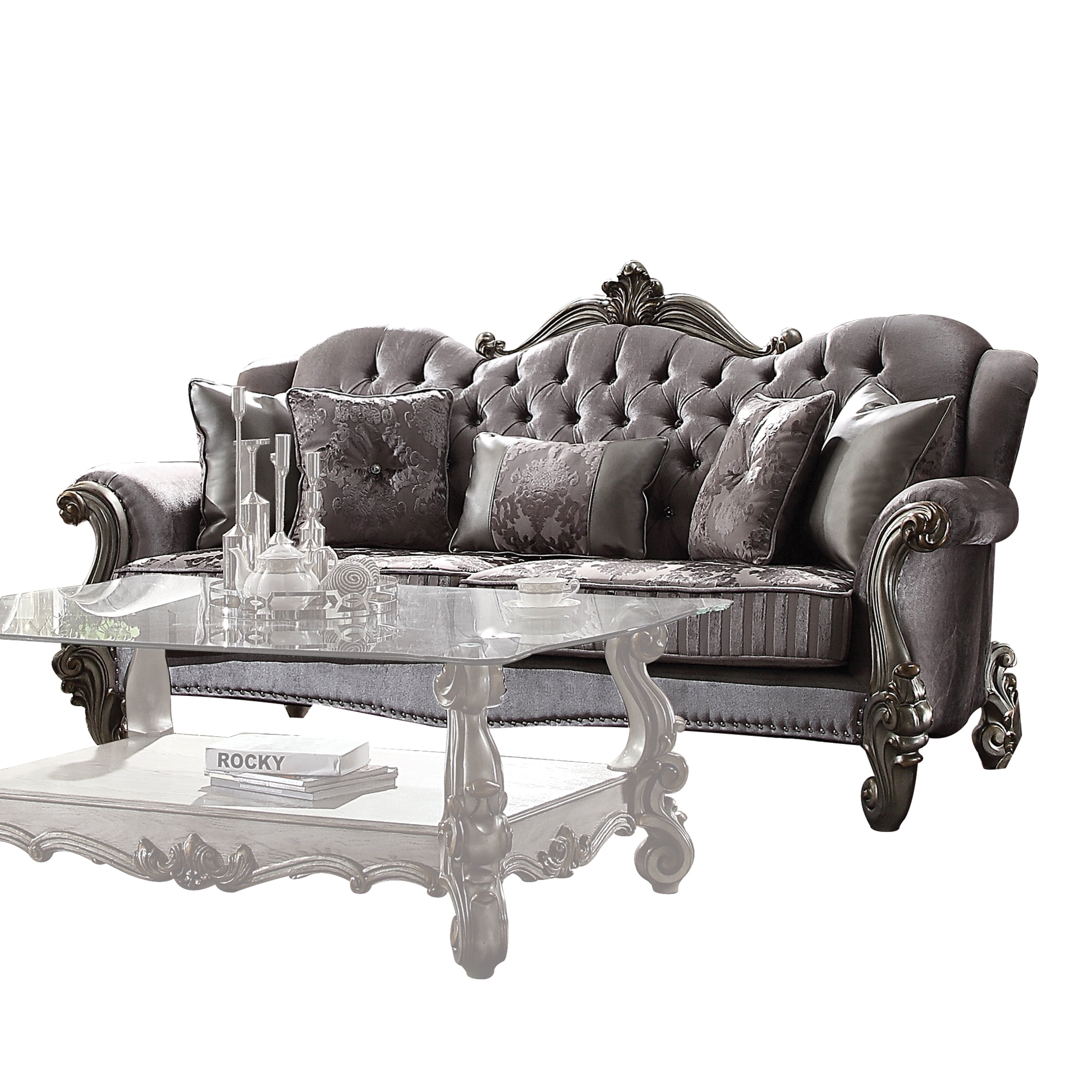 ACME Versailles Velvet Tufted Nail-head Trim Sofa in Antique Platinum and Silver