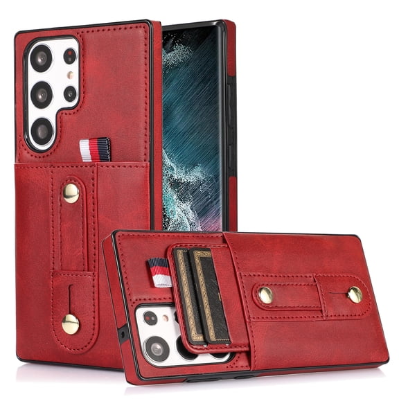 Nalacover for Samsung Galaxy S23 Ultra Wallet Case Hidden Card Slots Holder, Premium PU Leather Loop Finger Strap TPU Shockproof Lens Protection Cover for Samsung Galaxy S23 Ultra, Red