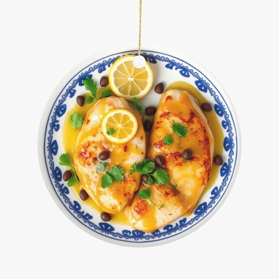 Chicken Piccata with Lemon Butter Sauce, Comfort Italian American Cuisine Christmas Ornament, Food Foodie Novelty Xmas Tree Gift Accessory Funny Ornaments (Flat Design Printed on Ceramic, NOT 3D)