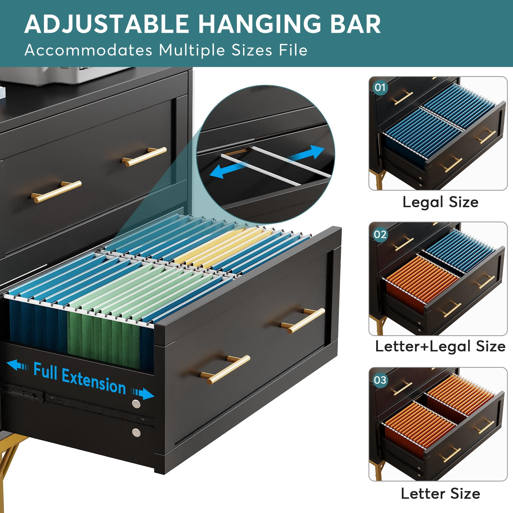 Tribesigns 2 Drawer File Cabinet, Modern Lateral Filing Cabinet for Letter/Legal/A4, Large Printer Cabinets,Black, Gold and Brown