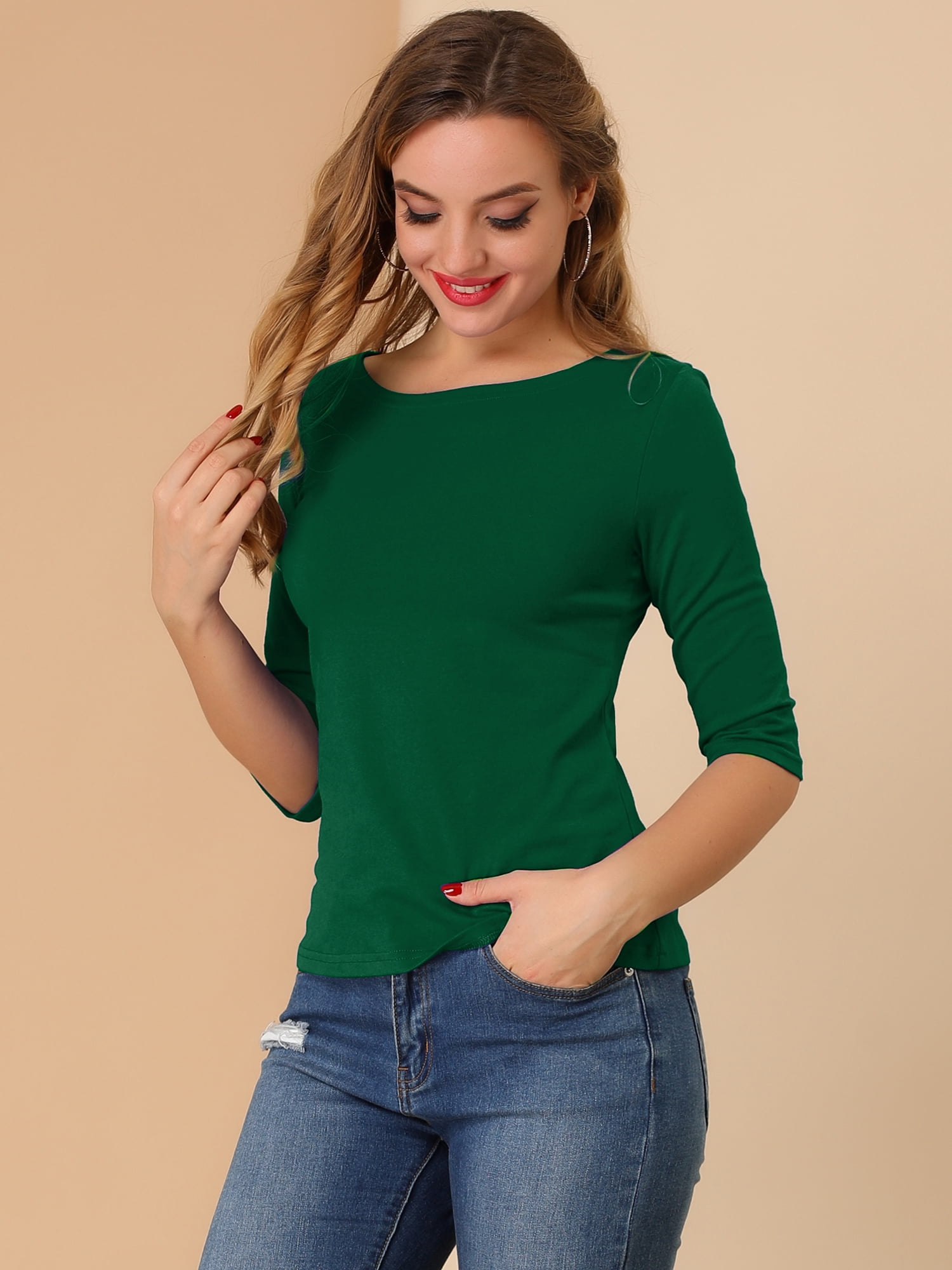 DARING DIVA Women's Elbow Sleeves Boat Neck Slim Fit Classic Tee L Deep Green