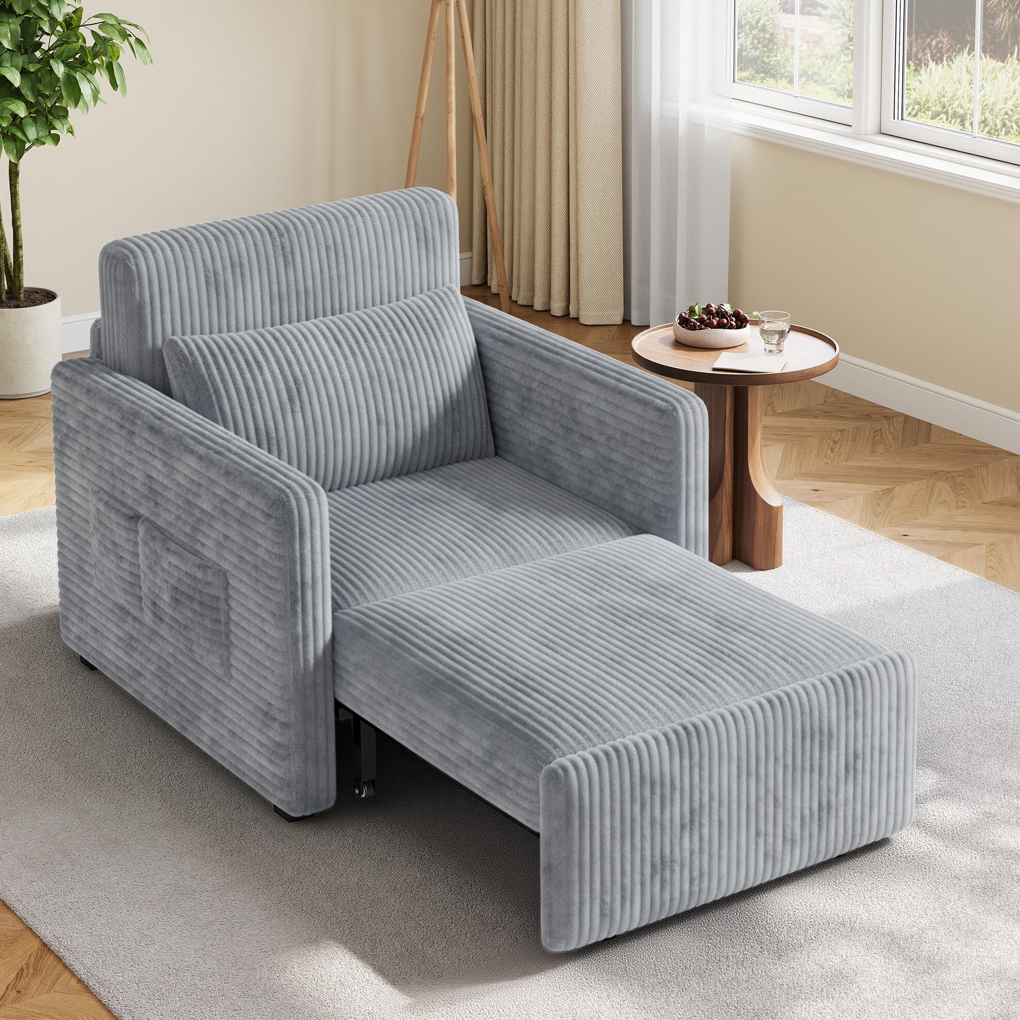 Noelse 3-in-1 Sleeper Chair Bed, Convertible Sofa Bed with Pull-Out Recliner, Corduroy Fabric Accent Chair, Gray