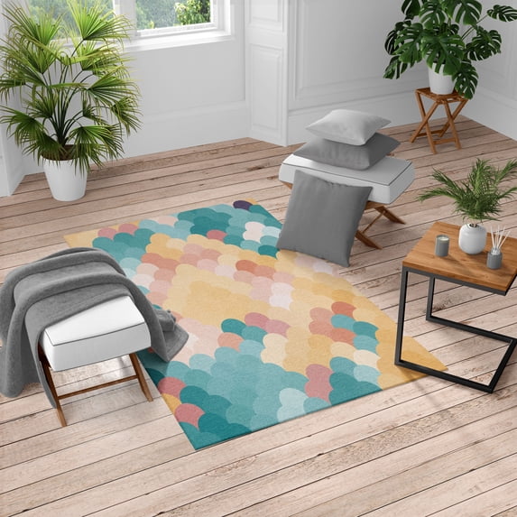 Abstract Turkish Area Rug, Colorful Retro Style Scales Inspired Wave Pattern Overlapping Circles Dots, Soft Carpet for Living Room Decor with Distressed Look, 5.2' X 7.6', Dark Teal, by Ambesonne