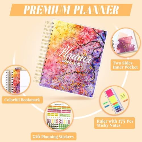 Planner 2026-2027, Large 18 Months Academic Daily Weekly Monthly Planner Yearly Agenda Jan. 2026–June. 2027, 7.9" x 9.8", Page Tabs, Separator Page, Pocket Folder, Bookmark, Stickers, Sticky Note Set