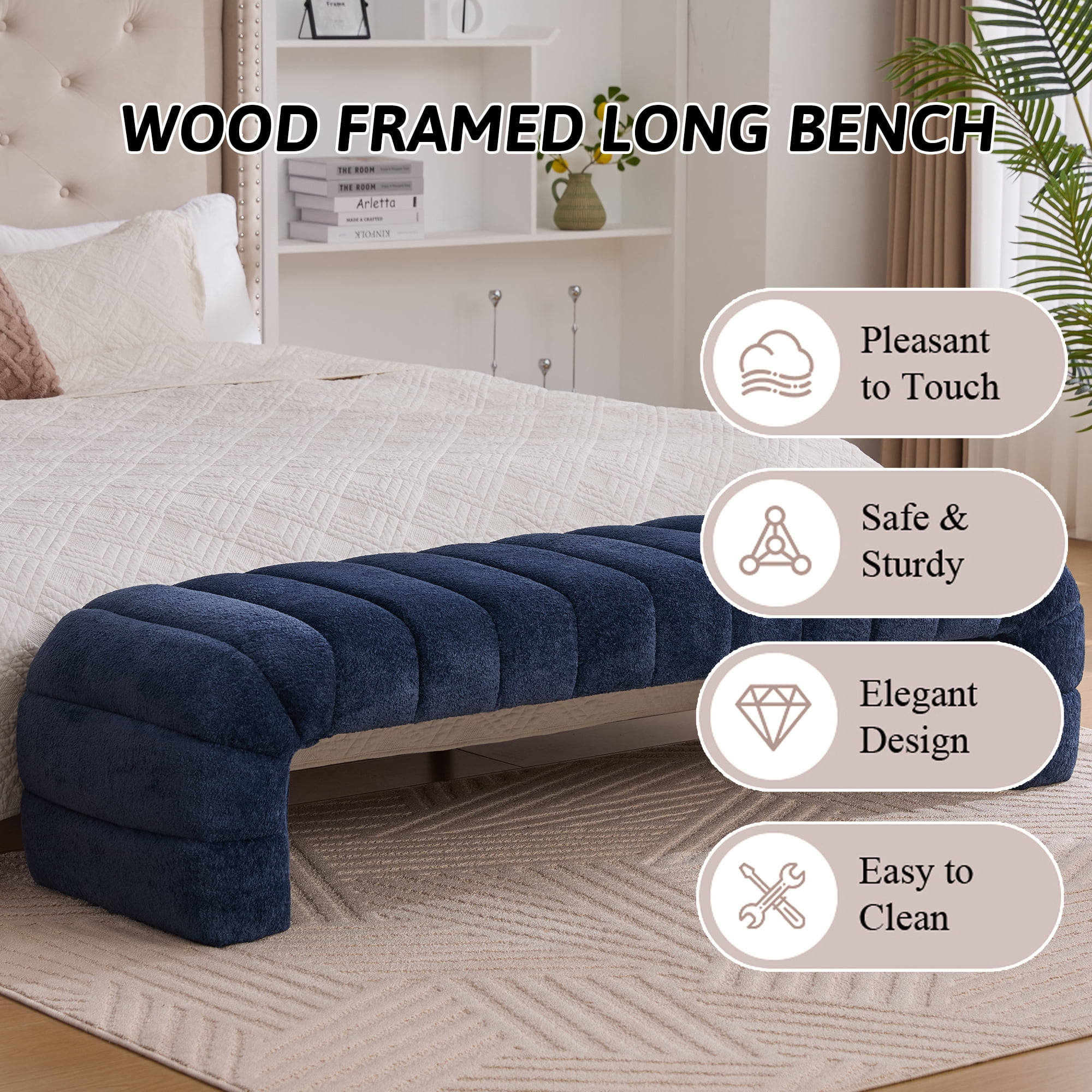 HIUU 70"Blue Bench for Bedroom,Bed Benches for Foot of Bed with Streamline Design,Fabric Ottoman Bench with Soft Teddy Fabric,Modern Bedroom Benches for Living Room and Bedroom, Entryway