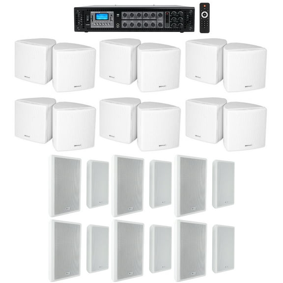 Rockville 6-Zone Amp 12) 3.5" White Cube 12) Wall Restaurant/Bar/Cafe Speakers