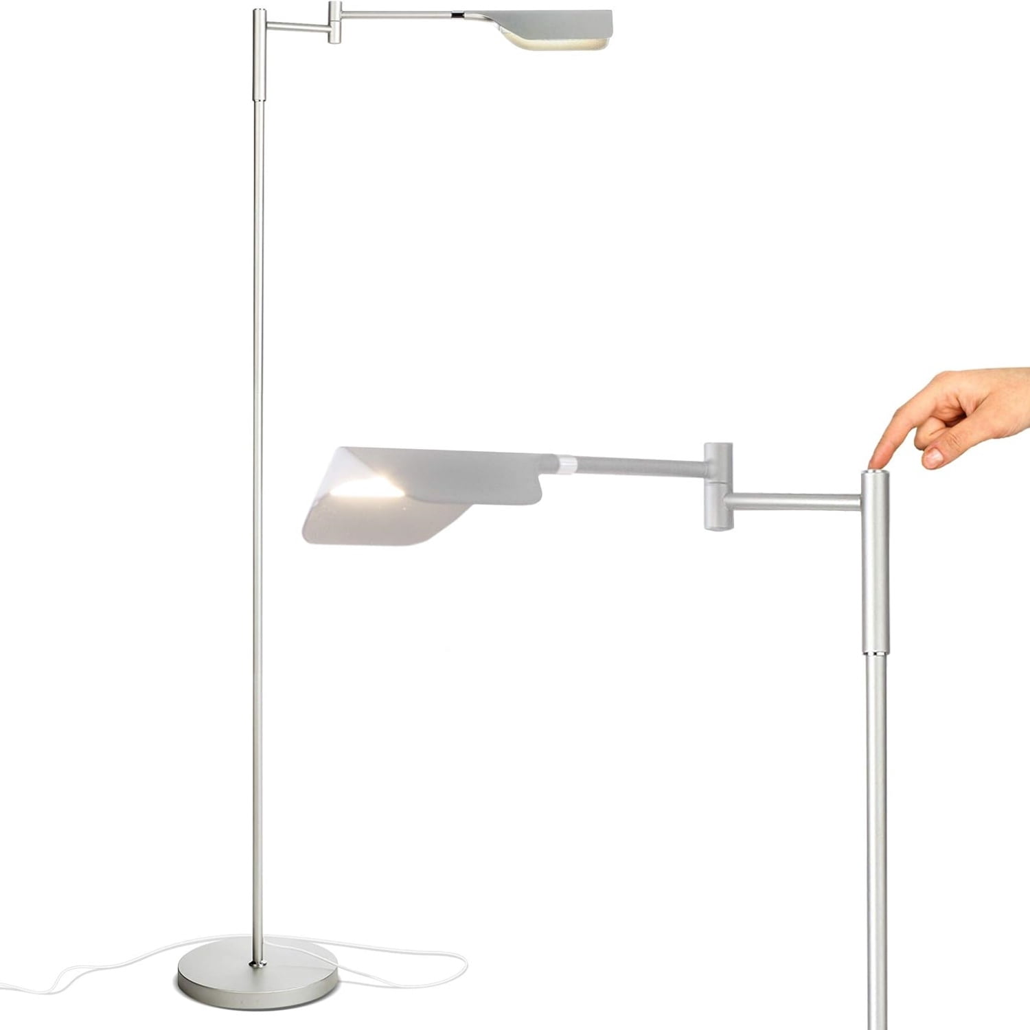 LED Reading Lamp, Dimmable Floor Lamp with Easy Rotation over Chair or Desk for Living Rooms & Offices, Adjustable Standing Lamp, Tall Lamp For Sewing & Craft - Platinum Silver