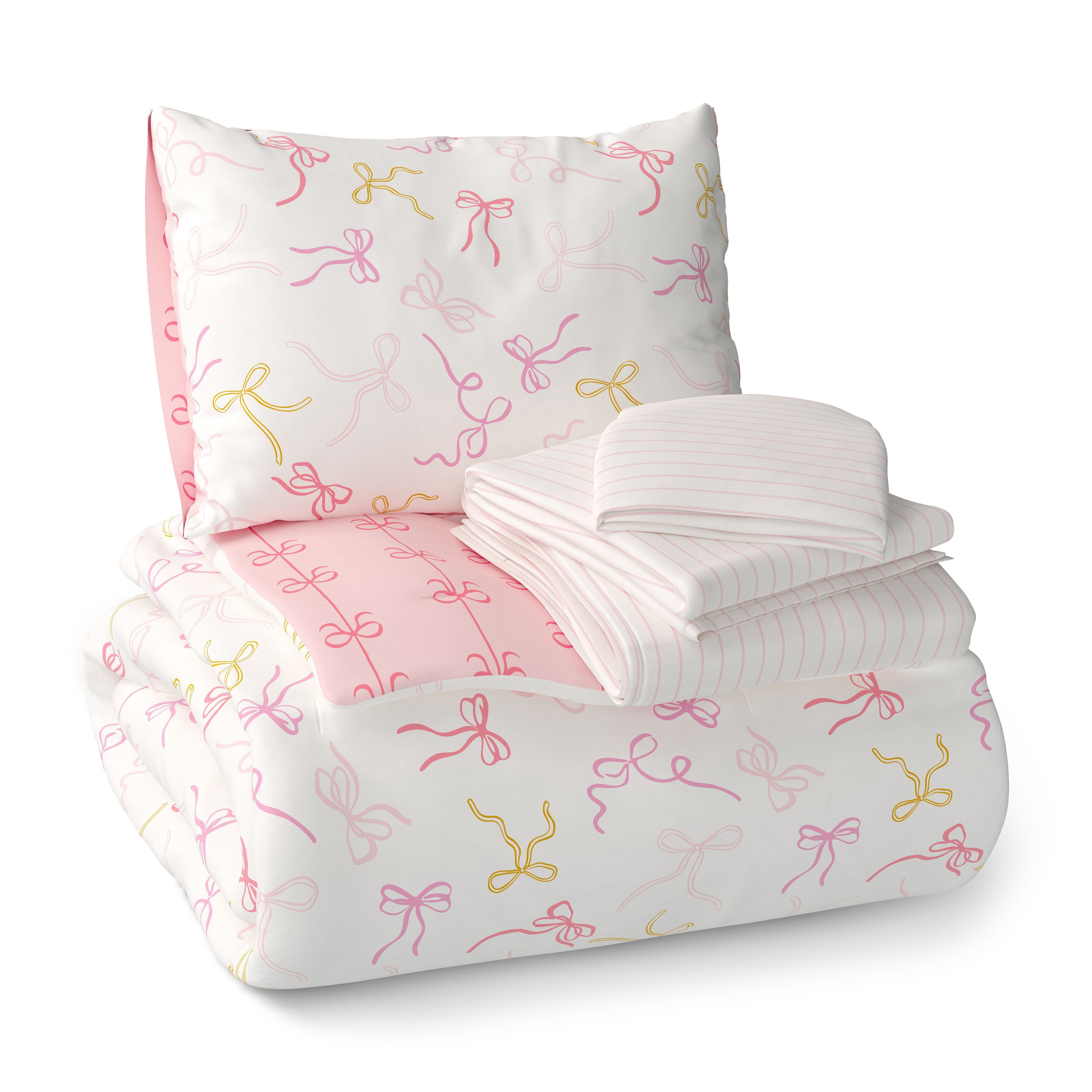 Mainstays Kids Bows Reversible Comforter Set with Sheets, Twin, 5 Pieces